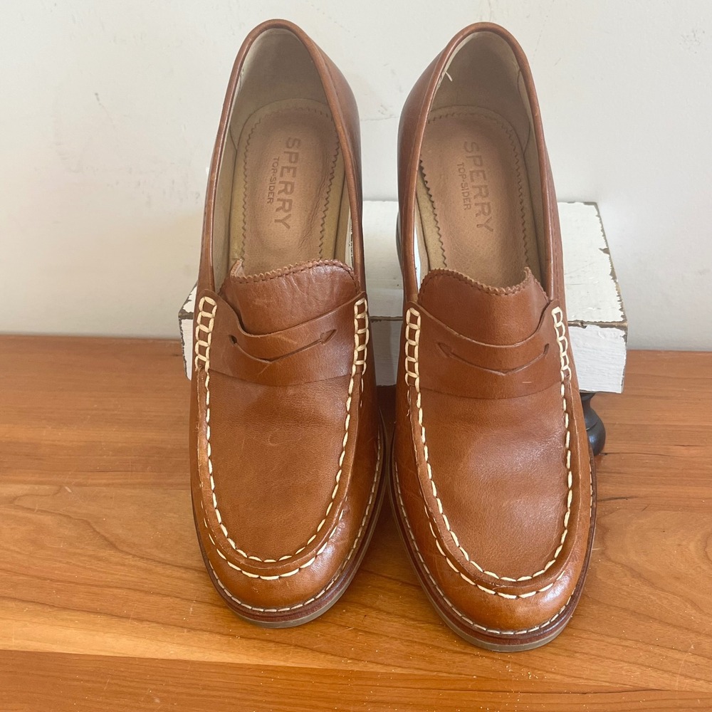 Sperry Seaport Penny Loafer Tan Leather Block Heels STS86537 Womens 5.5 - Picture 3 of 7
